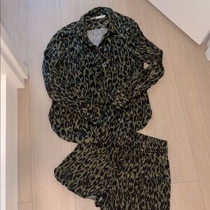 Zara Black and Green Leopard Print Blouse and short set  XS